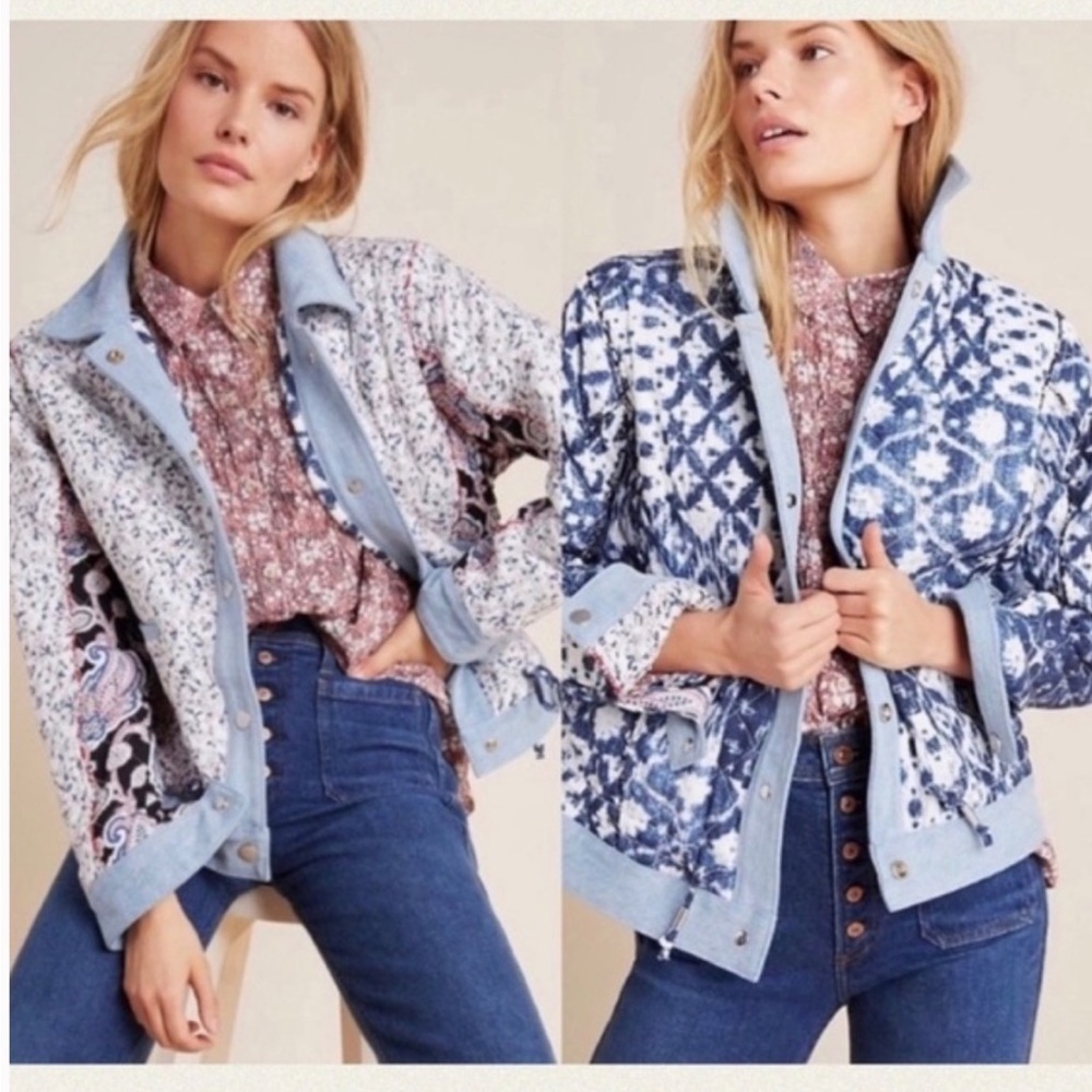 Anthropologie BlankNYC Denim-Trimmed Reversible Patchwork Quilted Jacket Size XS